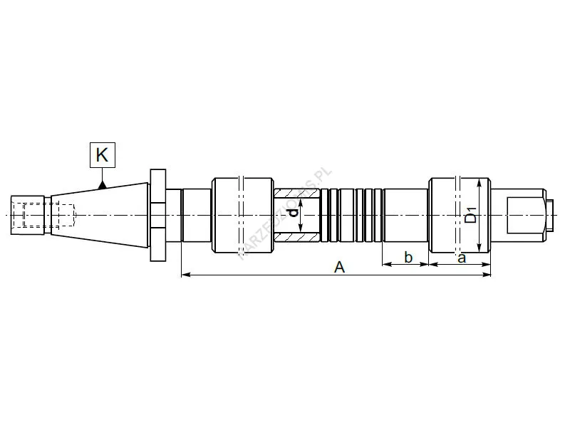 Rysunek techniczny: Trzpień frezarski długi z chw. DIN 2080 (2 tul.walcowe): T.7184 ISO30/FI22 315mm - KOLNO